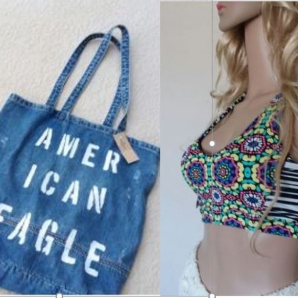 American Eagle Outfitters Handbags - American Eagle Jean Handbag Tote +  Sports Bra Set
